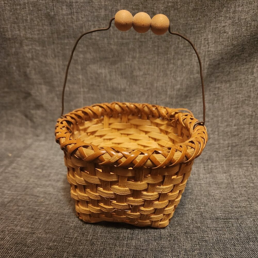 Vintage Handmade Wicker Miniature 5" Egg Basket w/ Wire & Bead Handle